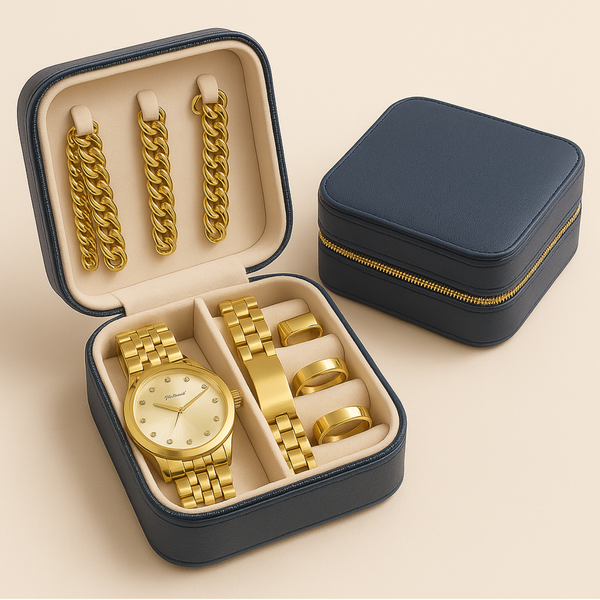 Luxury Men’s Gold Watch & Jewelry Gift Box – 6-Piece Set (Bracelets, Chains, Rings) | Stainless Steel | Rs. 3,150”