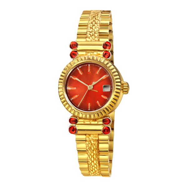 Elegant Women’s Gold-Tone Watch with Red Dial and Gemstone Accents Rs/-1550