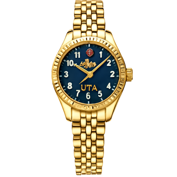 Elegant Gold-Toned Soviet-Inspired Women's Watch with Blue Dial and Gold Bracelet Rs/2250