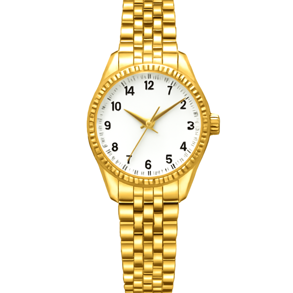 Elegant Gold-Tone Women's Watch with Classic White Dial & Gold Bracelet Rs/-2050