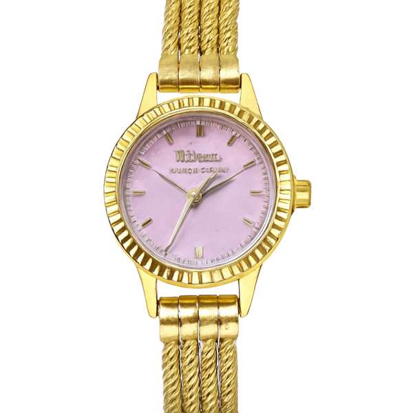Elegant Women's Gold-Toned Mesh Bracelet Watch with Pink Mother-of-Pearl Dial and Crystal Accents Rs/-1550