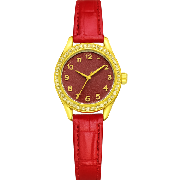 Gold-Tone Red Leather Strap Watch with Crystal Accent Dial Rs/-1550