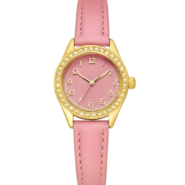 Elegant Pink Leather Wristwatch with Crystal-Embellished Gold Case Rs/-1550
