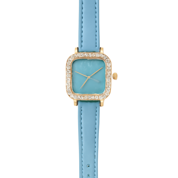 Luxury Crystal-Accented Square Women's Watch with Blue Leather Strap /-1550