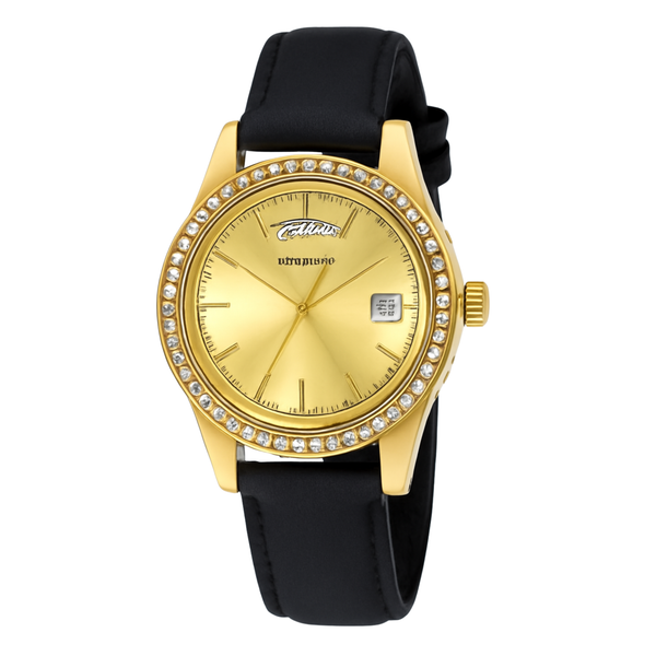 Elegant Women's Gold-Toned Crystal-Accent Wristwatch with Black Leather Strap Rs/-1600