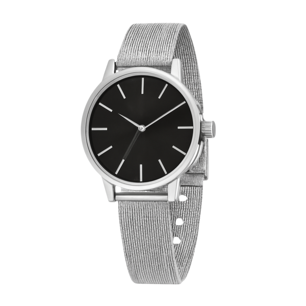 Minimalist Stainless Steel Mesh Strap Watch with Sleek Black Dial and Silver Hour Markers Rs/-1750