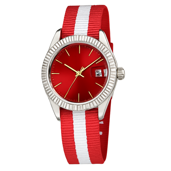 Women's Gold-Tone Stainless Steel Wristwatch with Red & White Striped Strap and Silver Dial Rs/-1750