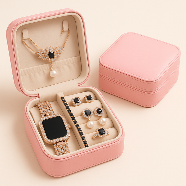 Luxury Women's Jewellery Box – Elegant Black Gold Set with Watch, Necklace, Earrings, Bracelet & Ring – Rs. 3,150